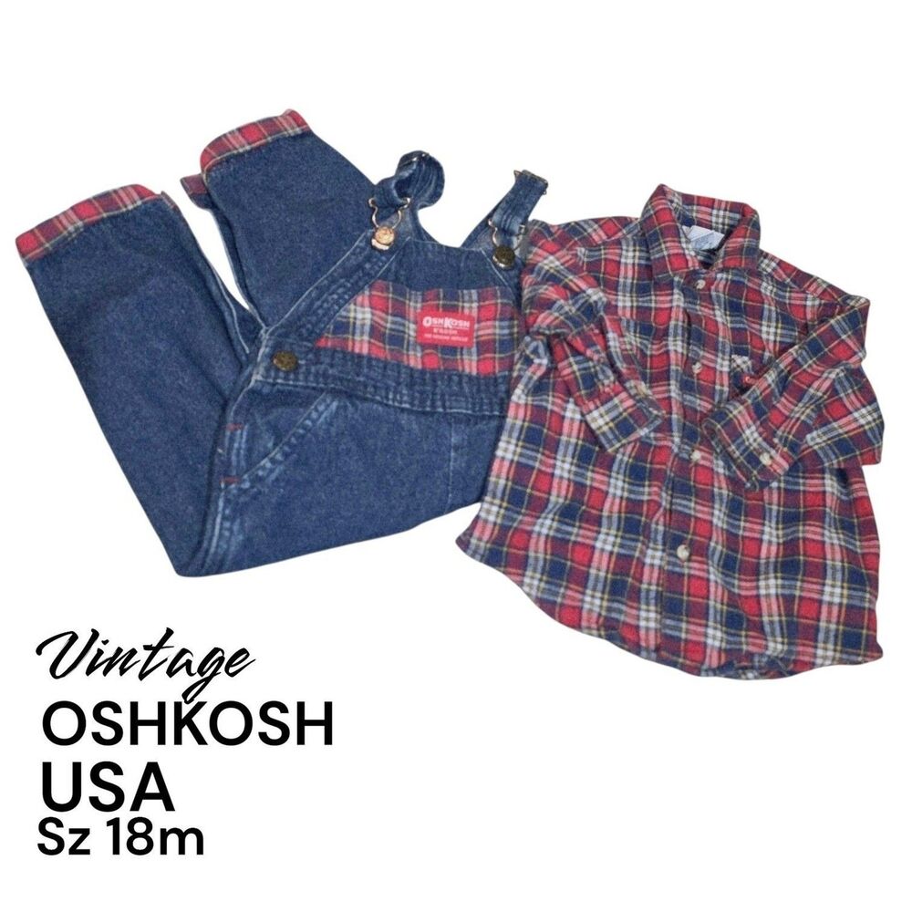 OSHKOSH B’GOSH Sz 18m USA Vintage 2015 Logo Denim Overalls & Red Flannel Shirt